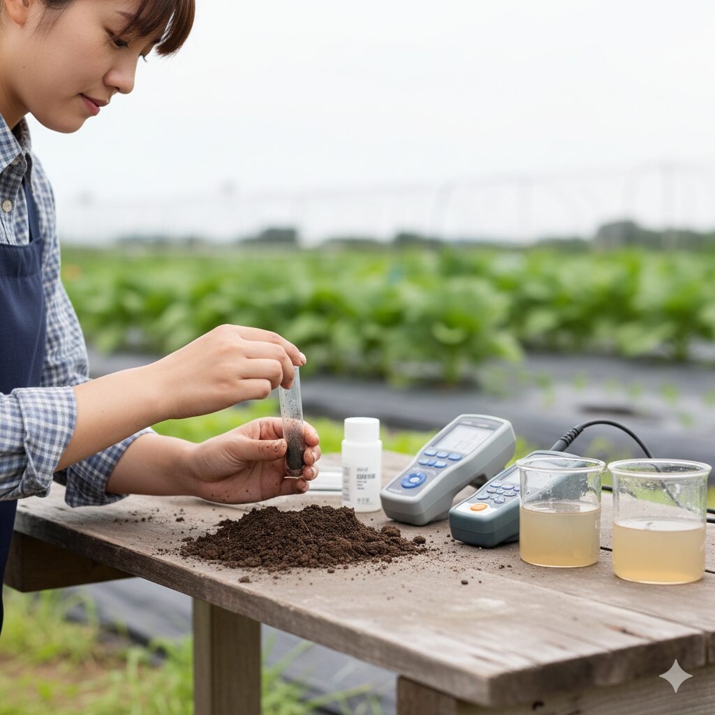 地植え施肥量を科学的に決める土壌テスト用のサンプリングとEC値・pHメーター