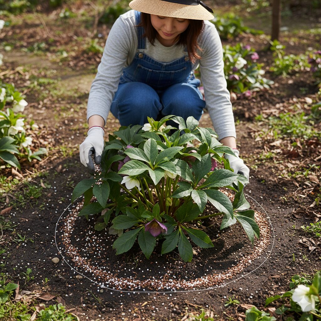 クリスマスローズの吸収根が多いドリップラインに沿って緩効性肥料を施肥する正しいゾーン