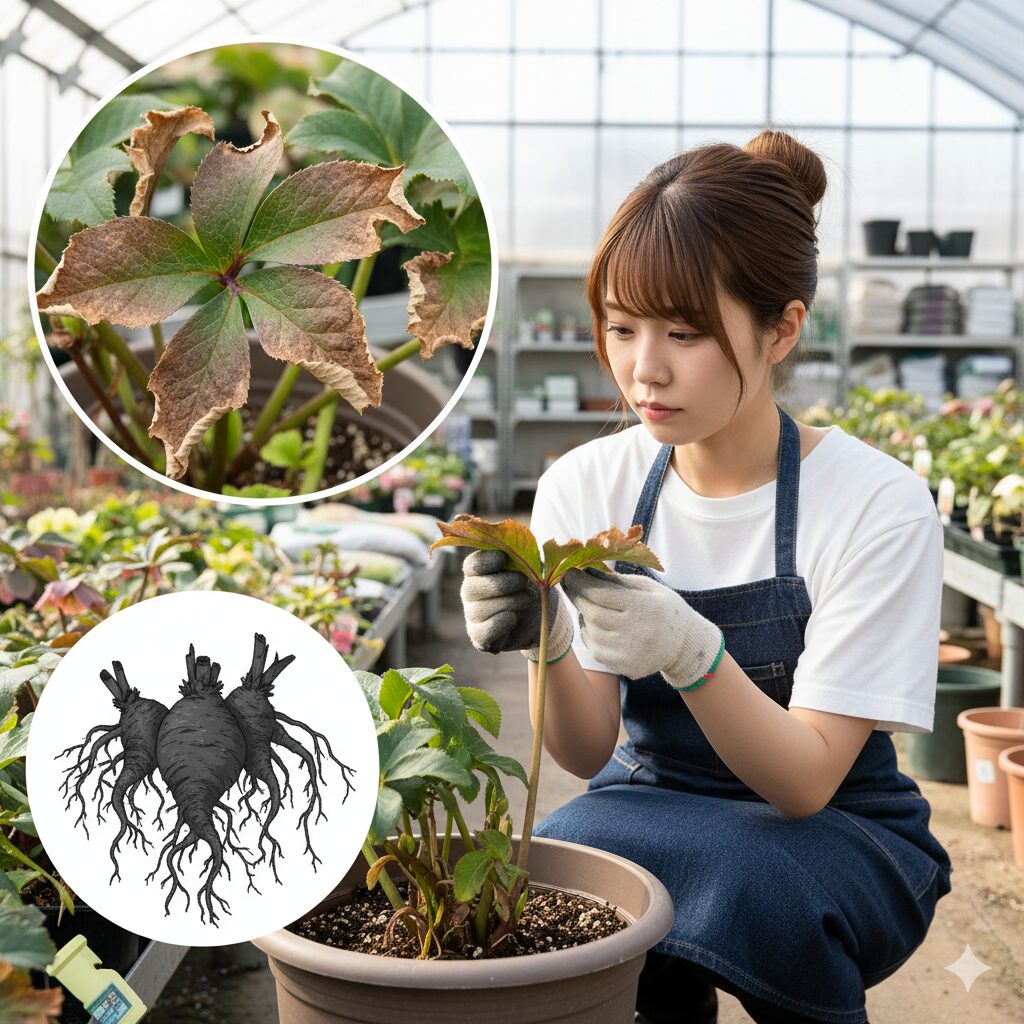 肥料の過剰供給により葉先が枯れ、根が黒く傷んだクリスマスローズの肥料焼け症状