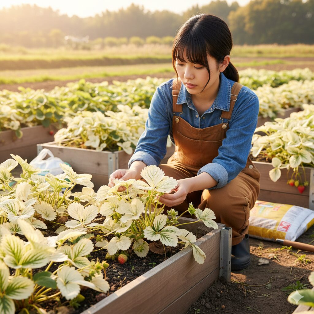 クロロシス 回復　リン酸過剰により鉄欠乏を起こし、新葉が白く変色したイチゴの株。微量要素の吸収阻害による生育障害。