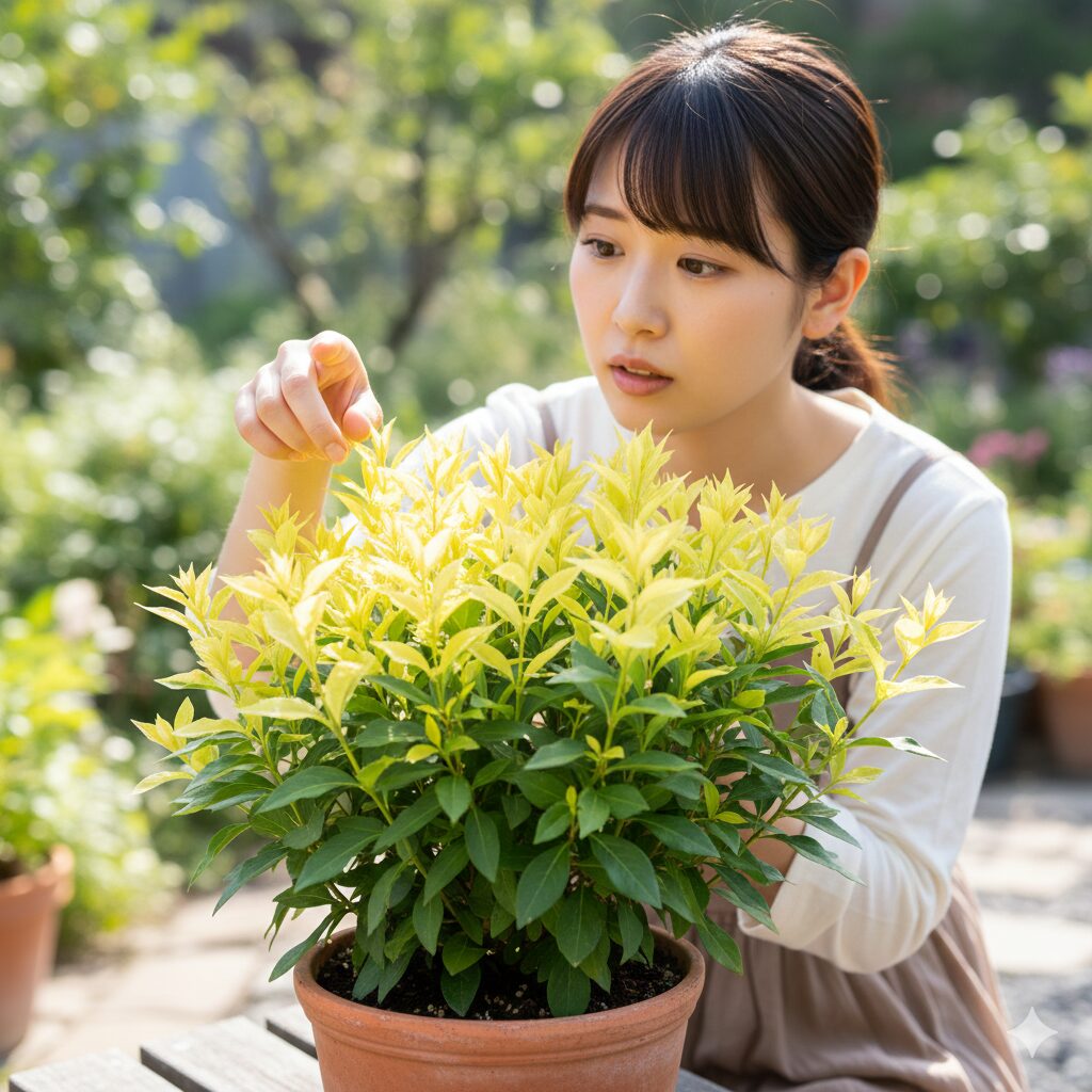 クロロシス 回復　鉄欠乏により茎の先端の新葉だけが黄色くなった植物。下葉は緑色のままである鉄欠乏性クロロシスの特徴。