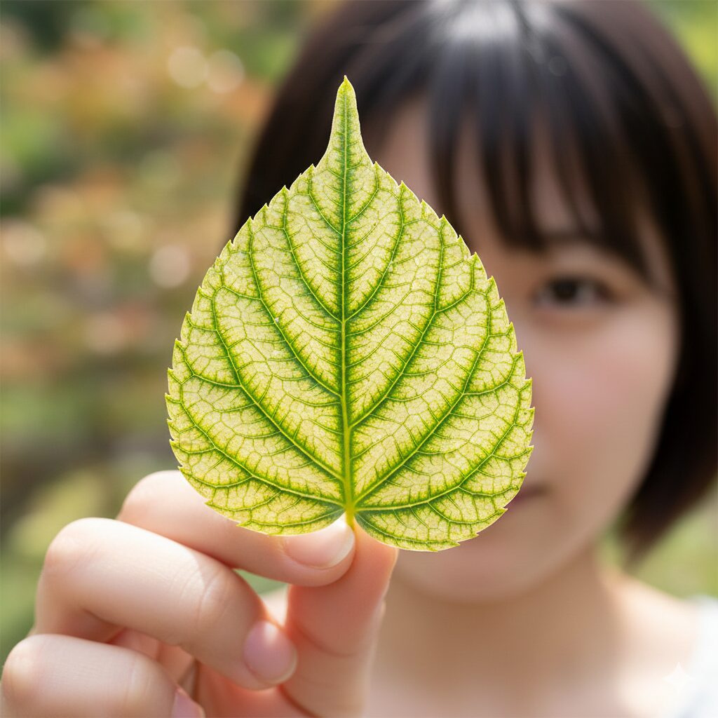 クロロシス 回復　葉脈間クロロシスの拡大写真。葉脈の緑色が残り葉肉が黄化する鉄欠乏の典型的な網目模様。