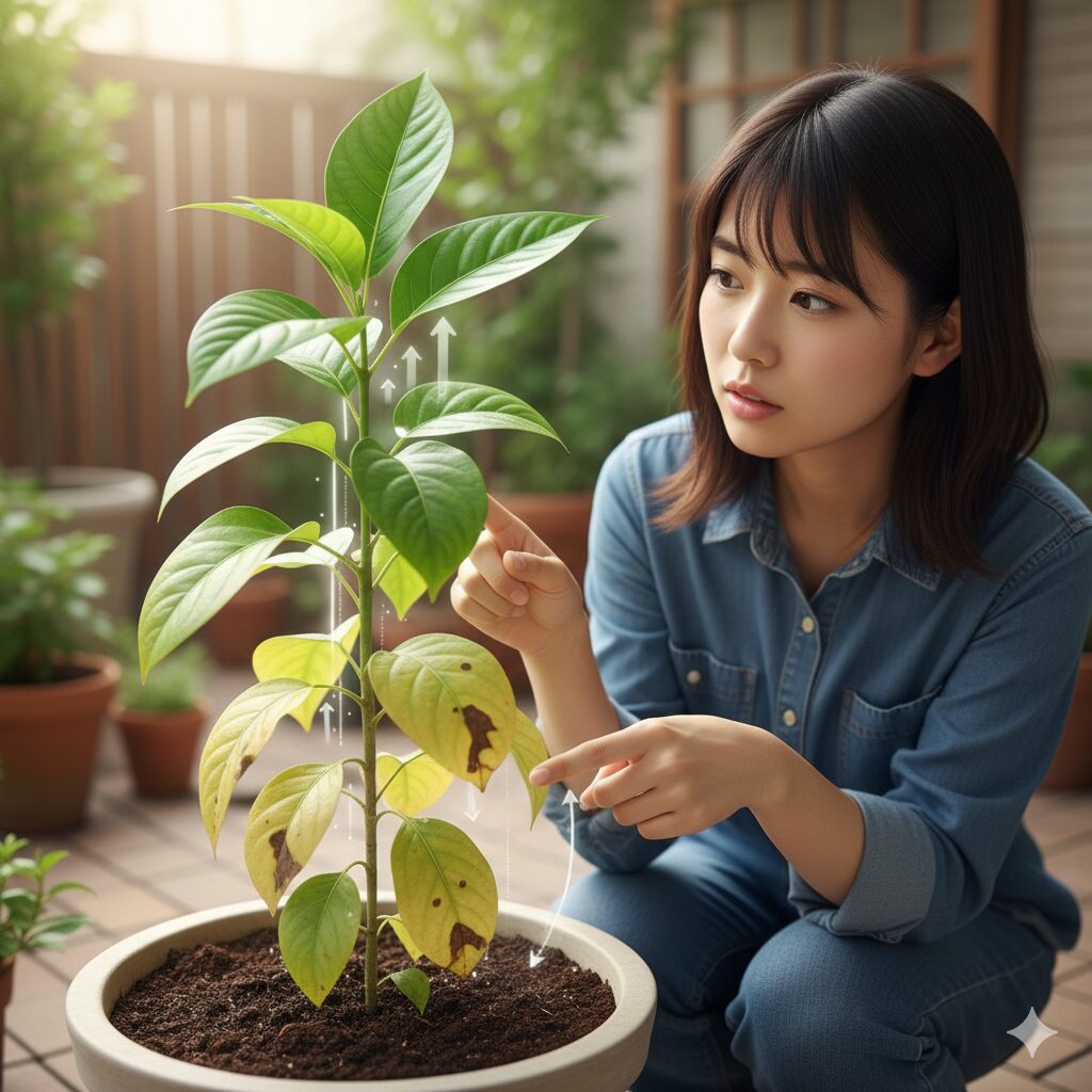 クロロシス 回復　マグネシウム欠乏により下葉から黄色く変色した植物。上部の新葉は緑色を保っている苦土欠乏の症状。