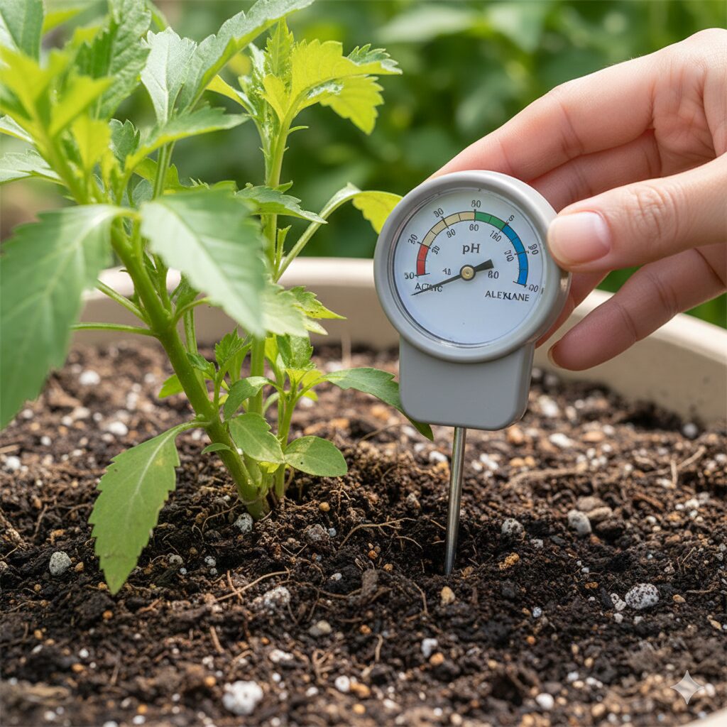 クロロシス 回復　土壌酸度計を使って土のpHを測定している様子。石灰誘起クロロシスの原因となる土壌pHのチェック方法。