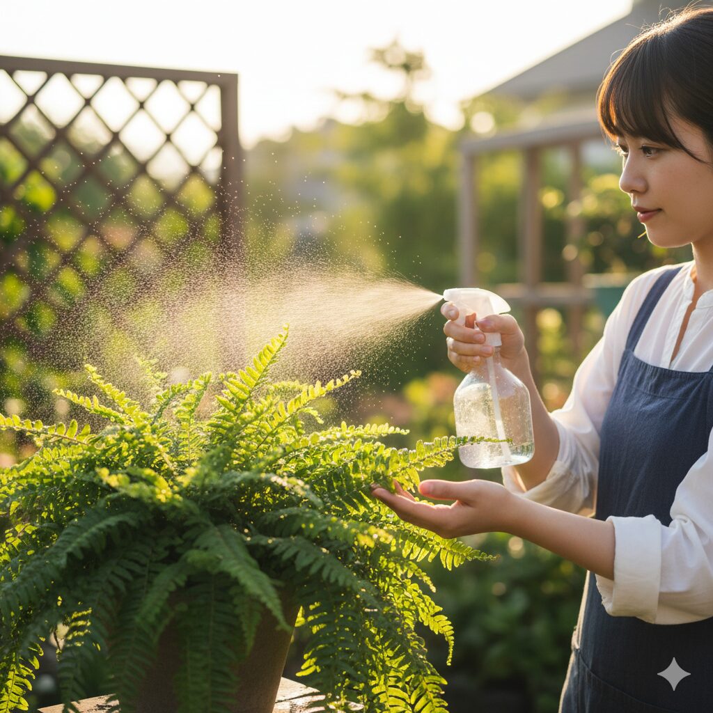 クロロシス 回復　キレート鉄剤の水溶液を植物に葉面散布している様子。即効性のあるクロロシス回復のためのスプレー作業。