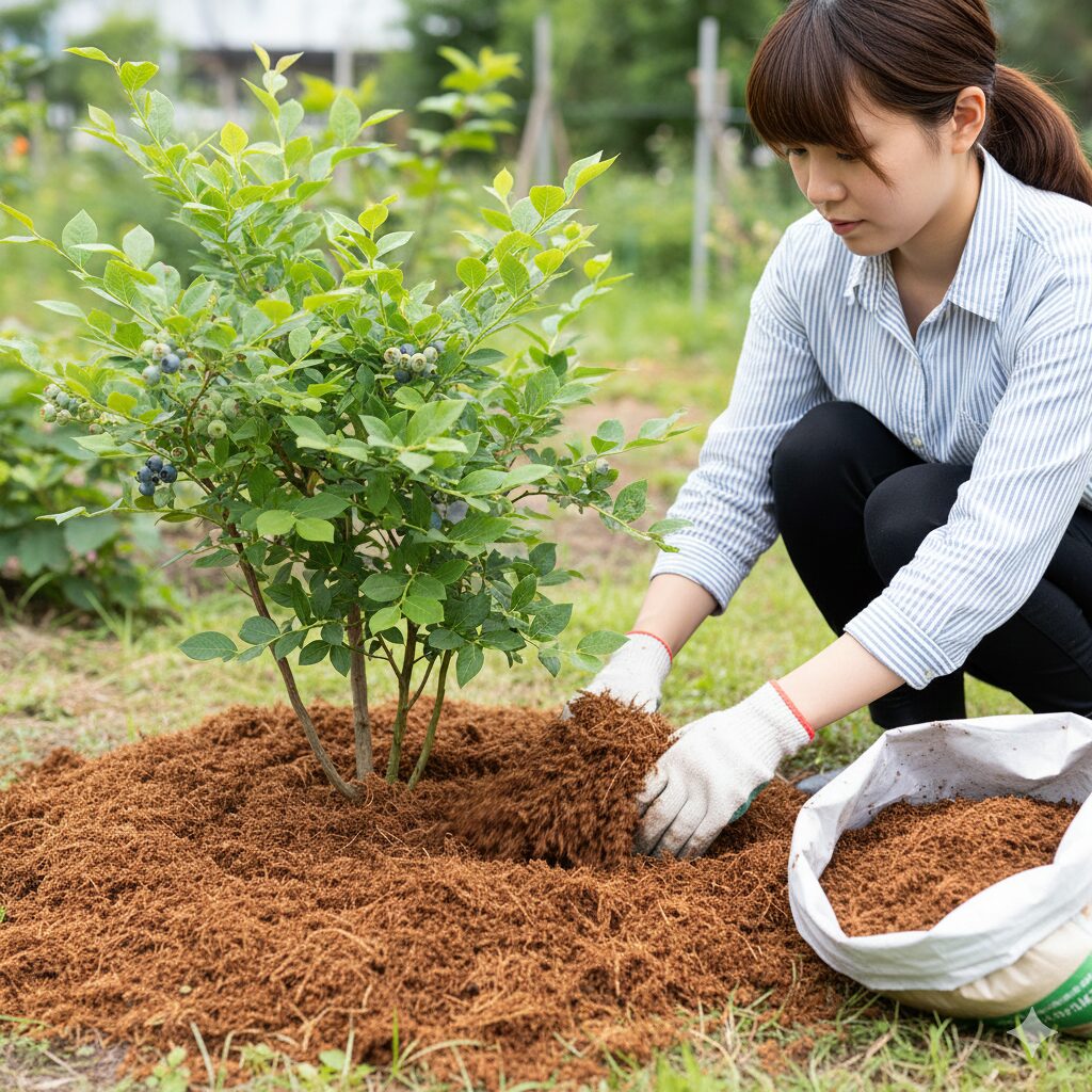 クロロシス 回復　ブルーベリーの株元に酸度未調整のピートモスをマルチングしている様子。土壌pHを下げるための土壌改良。
