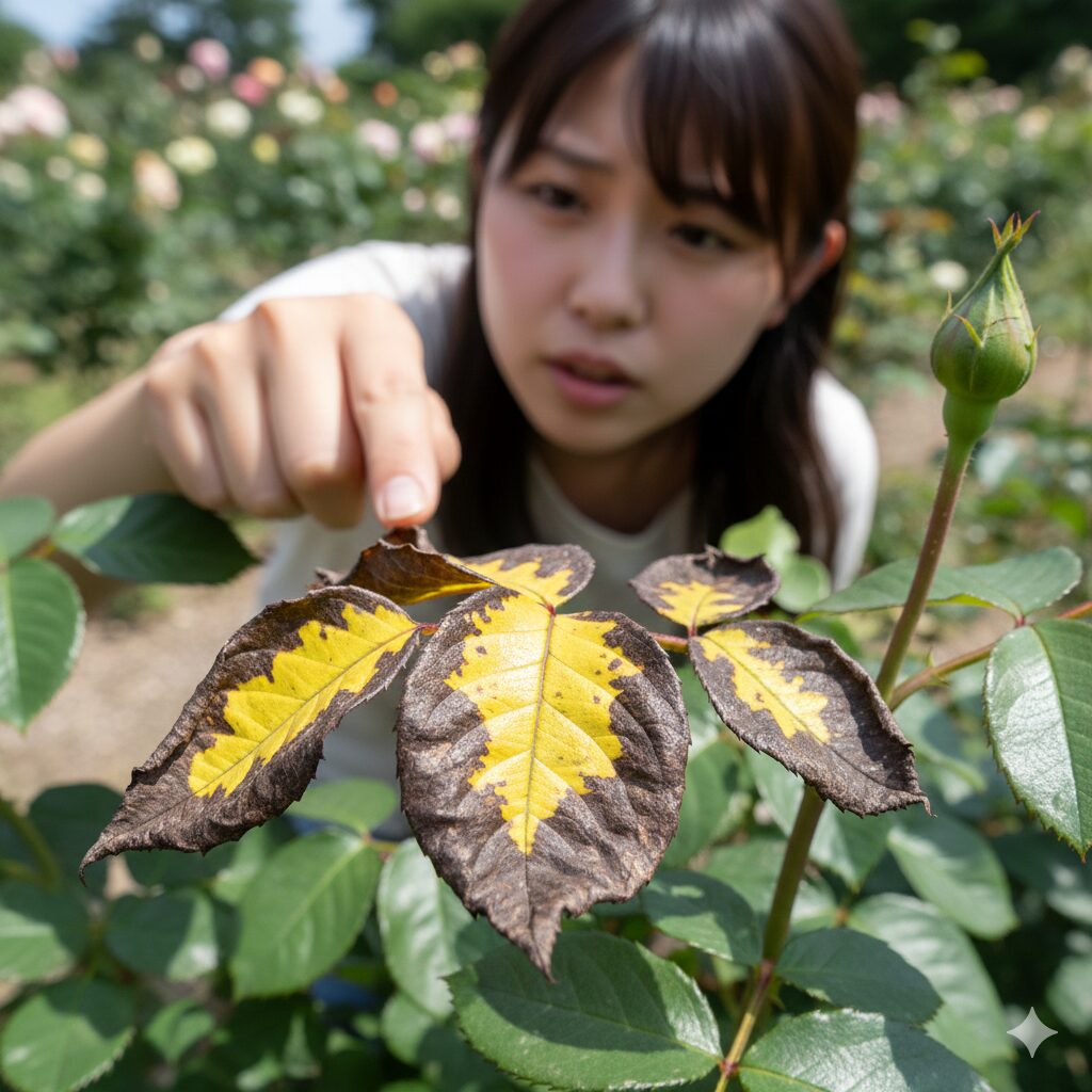 クロロシス 回復　肥料焼けを起こしたバラの葉。葉の縁が茶色く枯れ込み、新芽が萎縮している濃度障害の症状。