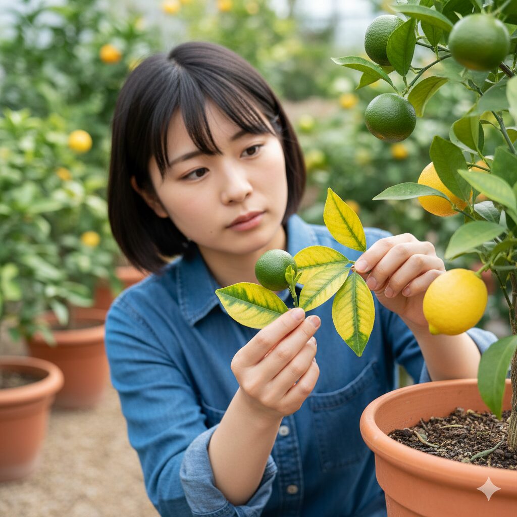 クロロシス 回復　柑橘類の葉に見られるマグネシウム欠乏症。葉の基部に緑色が逆V字型に残る特徴的な黄化パターン。