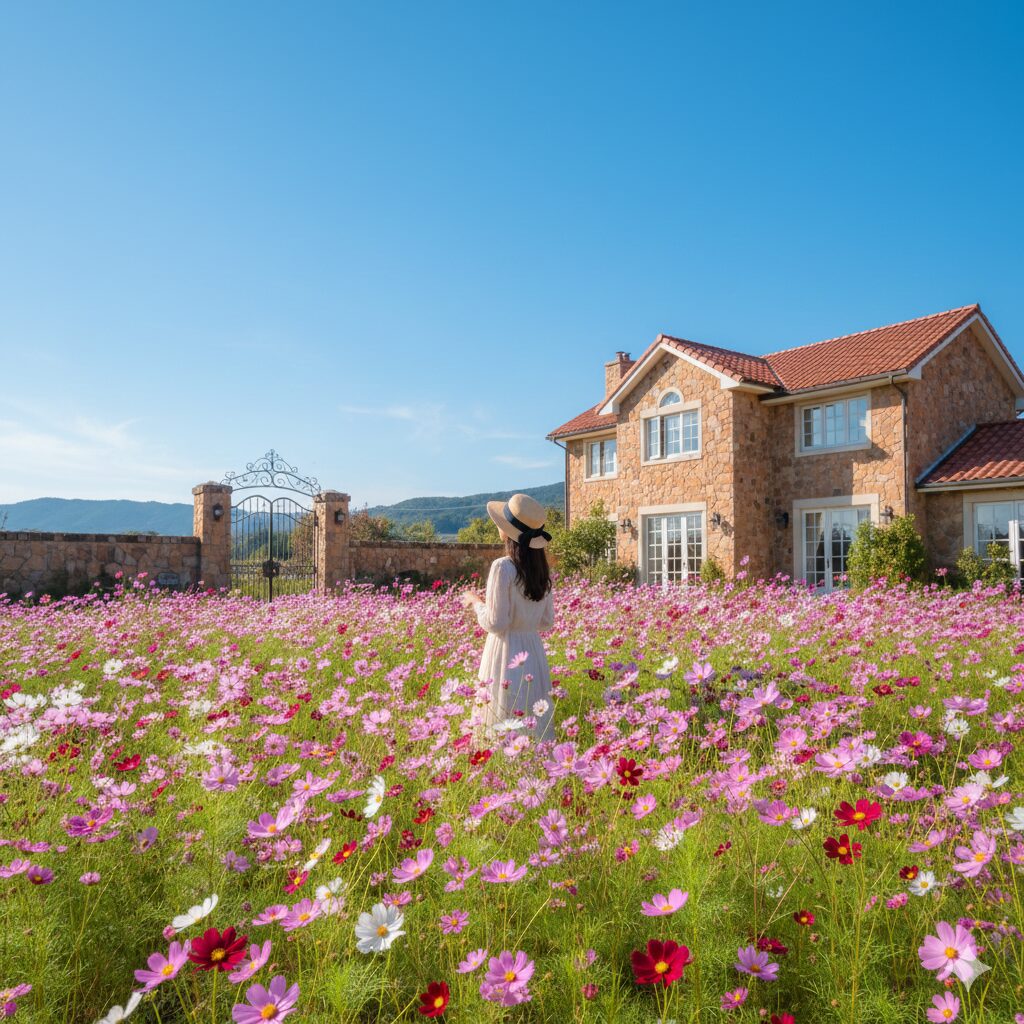 コスモス いつ咲く　秋晴れの青空の下で見頃を迎えた満開のコスモス畑の風景