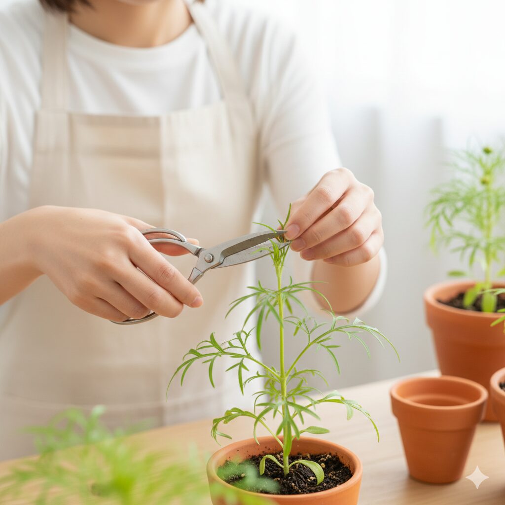 コスモス いつ咲く　鉢植えコスモスの花数を増やすために茎の先端をカットする摘心作業の様子