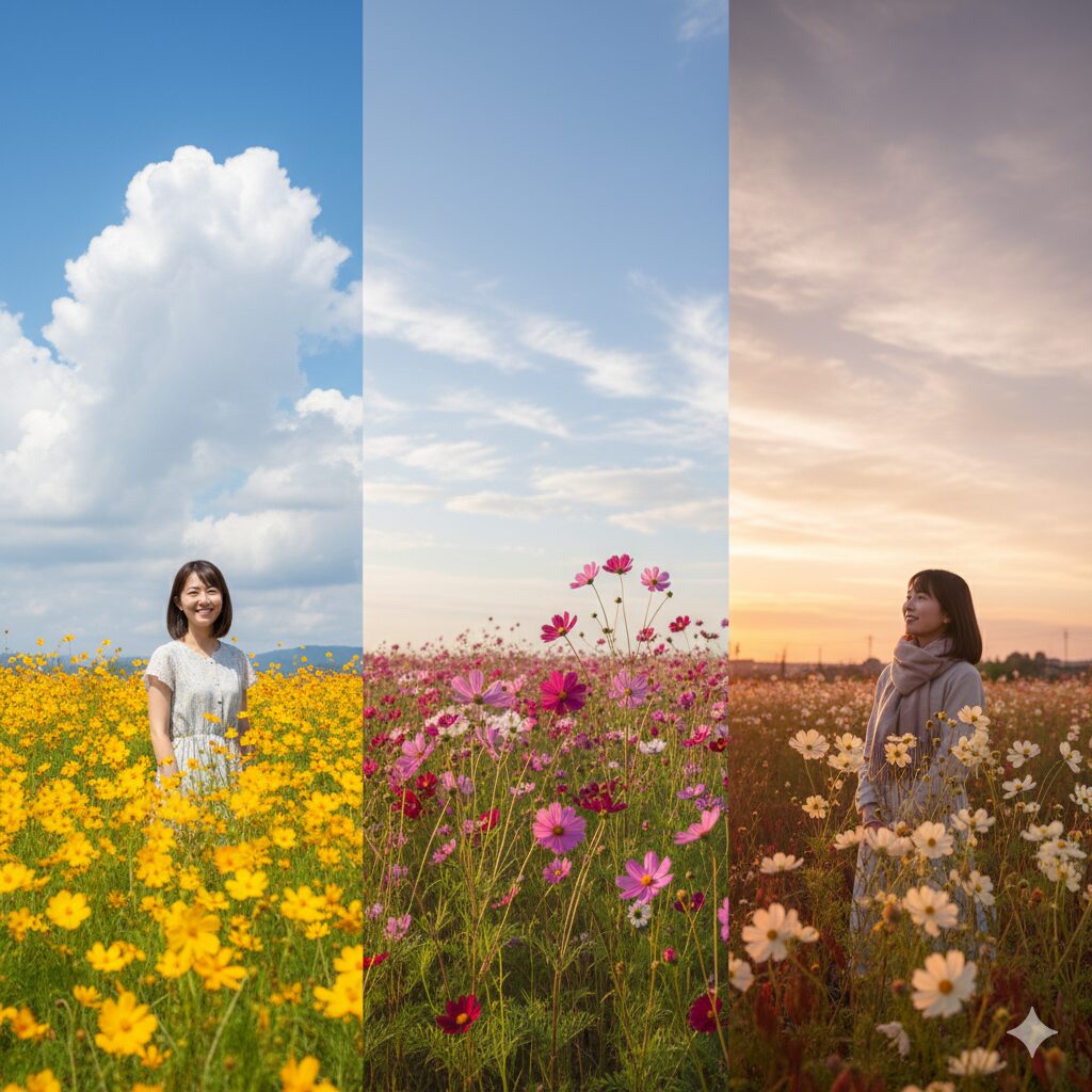 コスモス いつ咲く　5月の夏咲きから12月の遅咲きまで季節ごとに変化するコスモスの開花イメージ