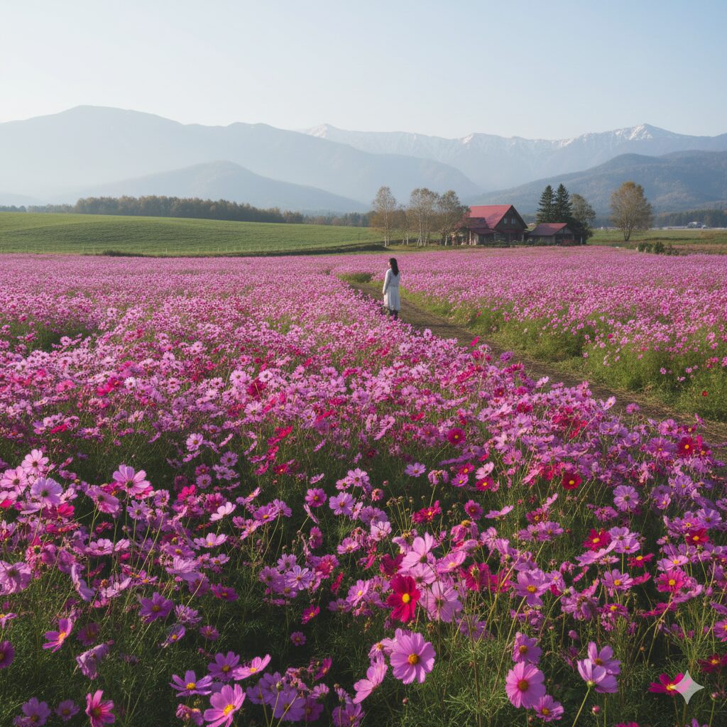 コスモス いつ咲く　北海道の冷涼な気候で鮮やかに発色し8月下旬に見頃を迎えたコスモス畑