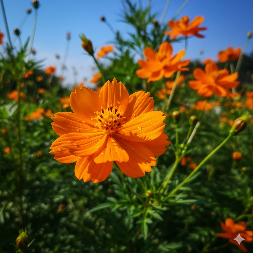 コスモス いつ咲く　夏の暑さに強く6月から10月まで開花するオレンジ色のキバナコスモス