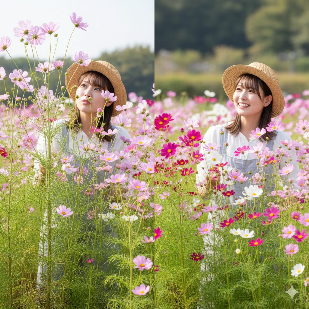 コスモス いつ咲く　春まきで巨大化した株と夏まきでコンパクトに開花したコスモスの草丈比較