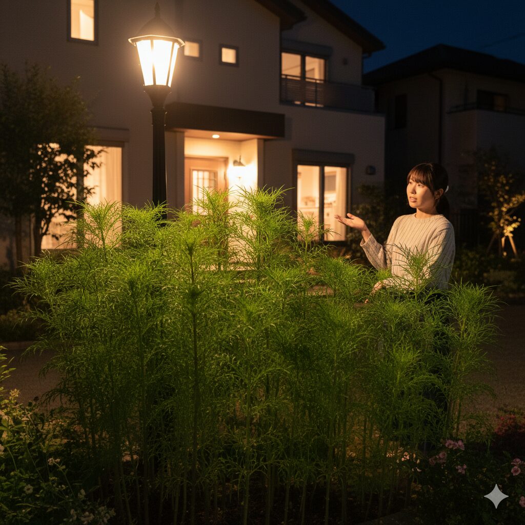 コスモス いつ咲く　夜間の街灯による光害で花芽がつかず咲かないコスモスの原因図解