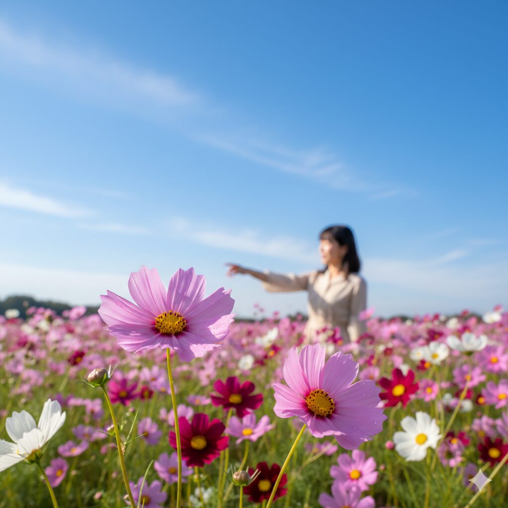 コスモス 植える時期 秋晴れの青空の下で満開に咲き誇るピンクと白のコスモス畑