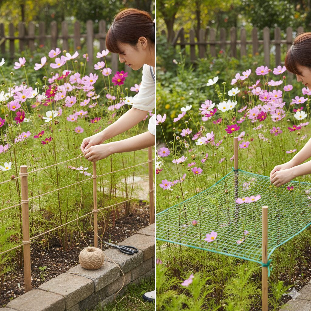 コスモス 植える時期 風による倒伏を防ぐために支柱と紐でしっかりと固定されたコスモス