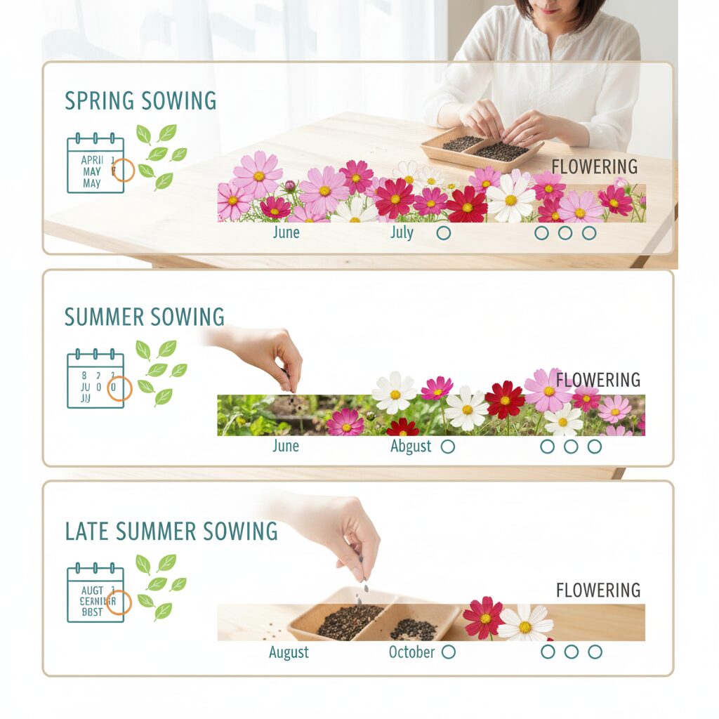 コスモス 植える時期 コスモスの種まき時期(春まき・夏まき・晩夏まき)と開花スケジュールの比較表
