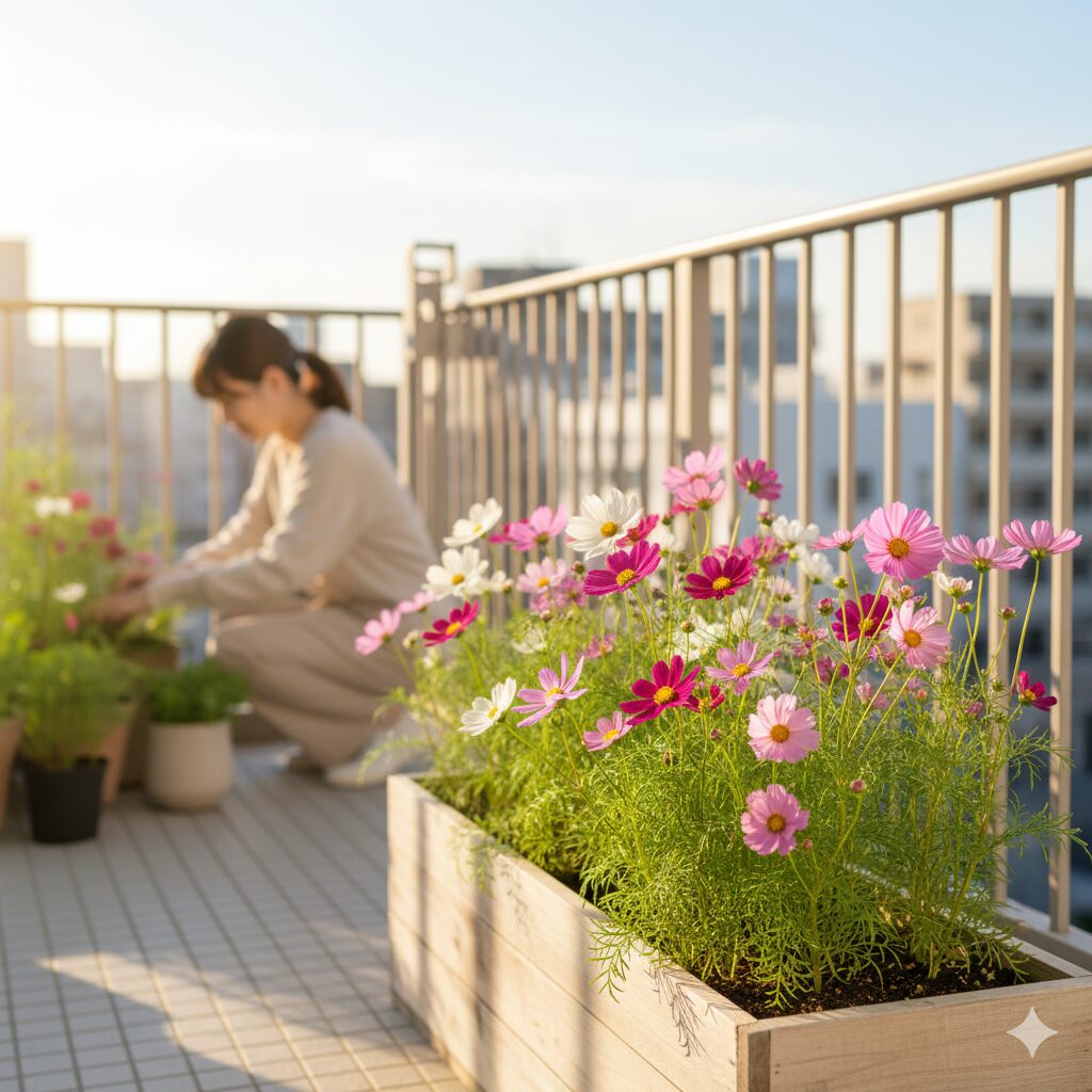 コスモス 植える時期 マンションのベランダで日当たり良く管理されているコスモスのプランター栽培