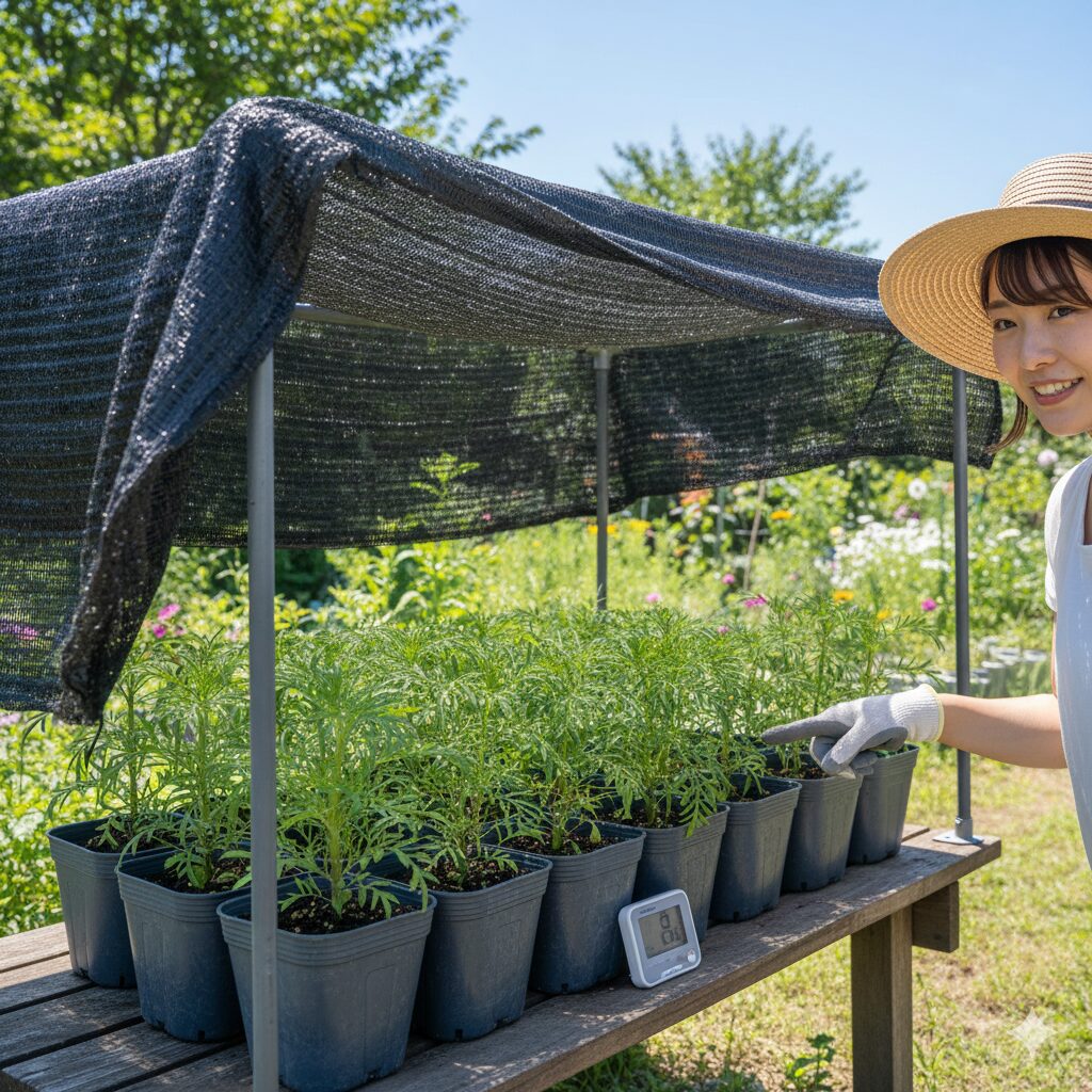 コスモス 植える時期 真夏の種まきで高温障害を防ぐために寒冷紗で遮光している様子