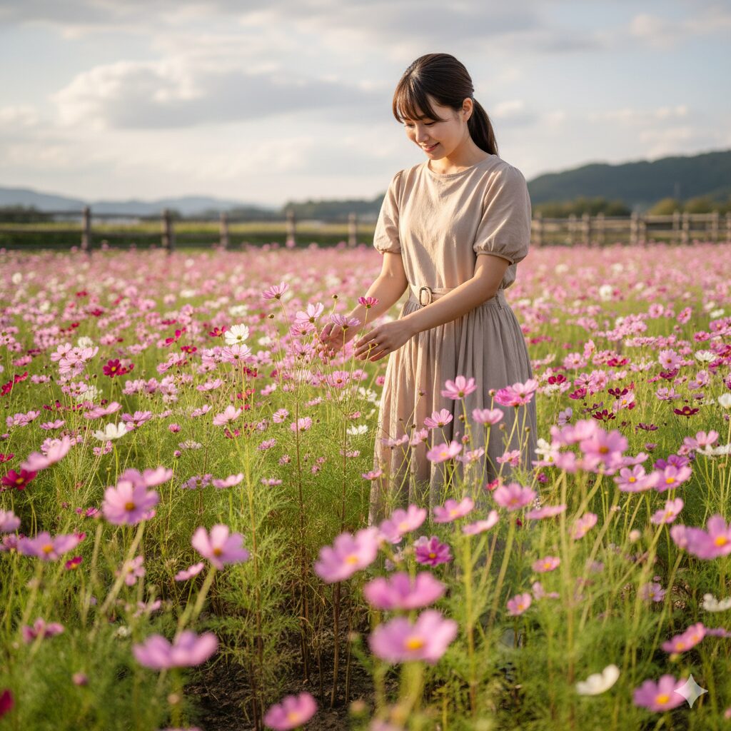 コスモス 植える時期 8月の遅まき栽培により草丈を低く抑えて開花した倒れにくいコスモス