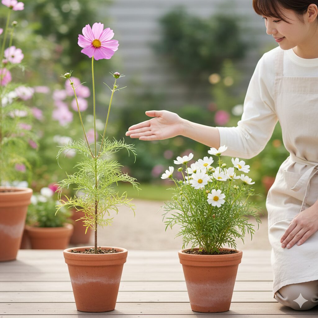 コスモス 植える時期 草丈が高くなるセンセーションとコンパクトな矮性種ソナタのサイズ比較