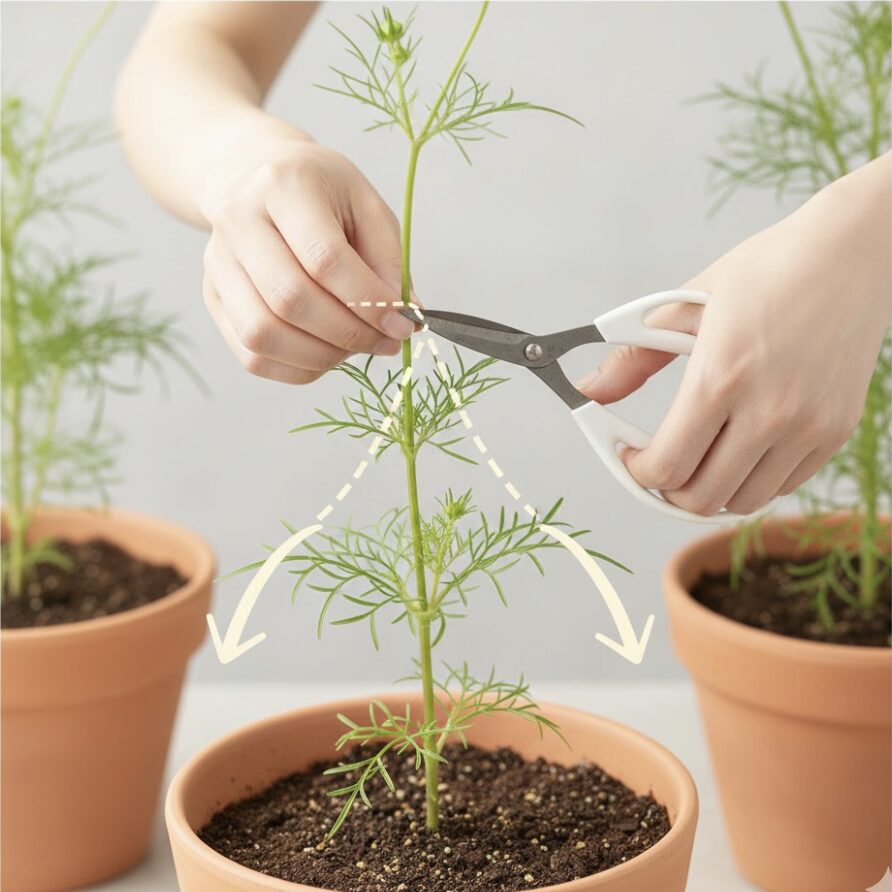 コスモス 植える時期 コスモスの花数を増やすための摘心(ピンチ)の位置と脇芽の成長図解