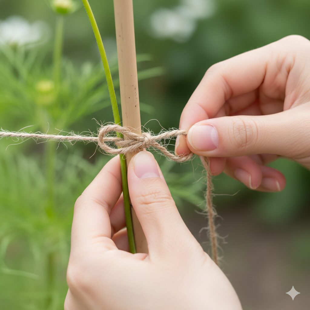 コスモス 育て方 プランター　茎を傷めないように支柱とコスモスを麻紐で8の字結びにする方法