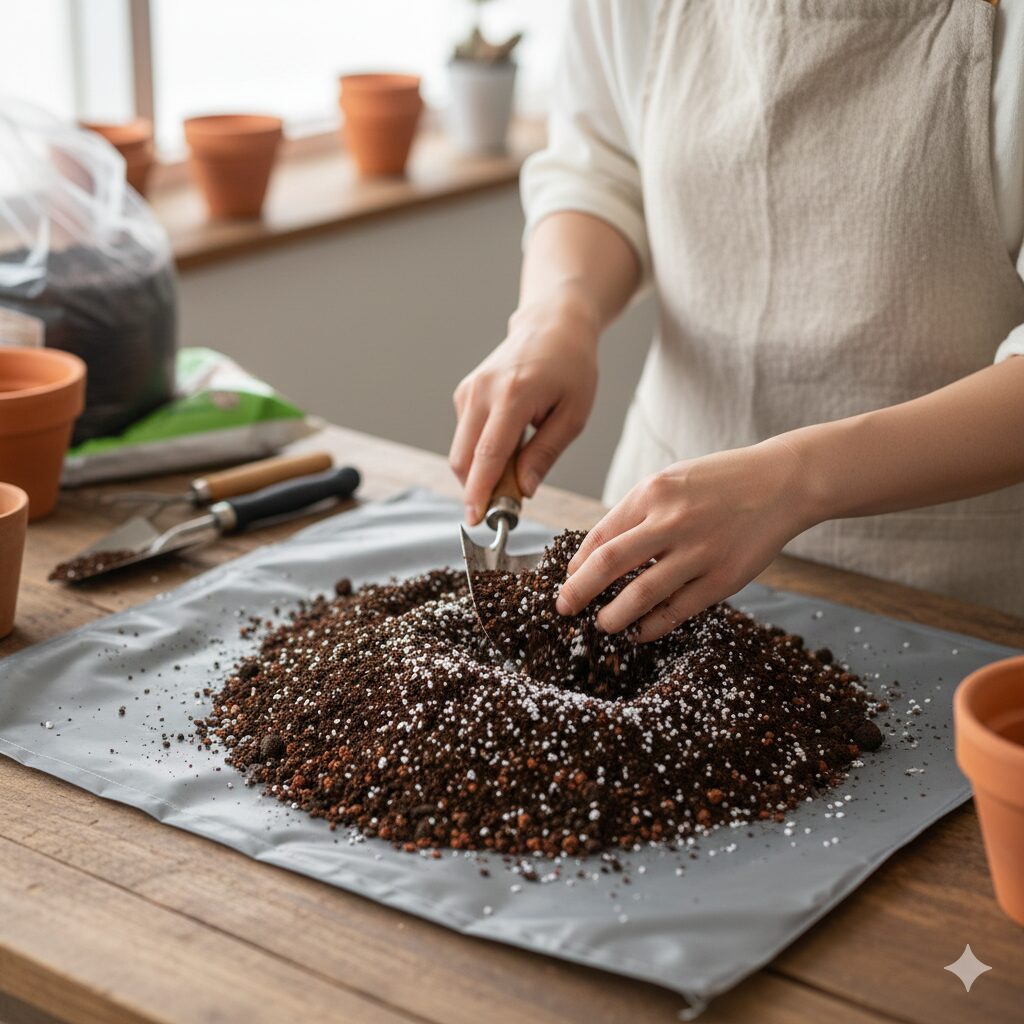 コスモス 育て方 プランター　コスモスの水はけを良くするために培養土に赤玉土とパーライトを混ぜる土作り