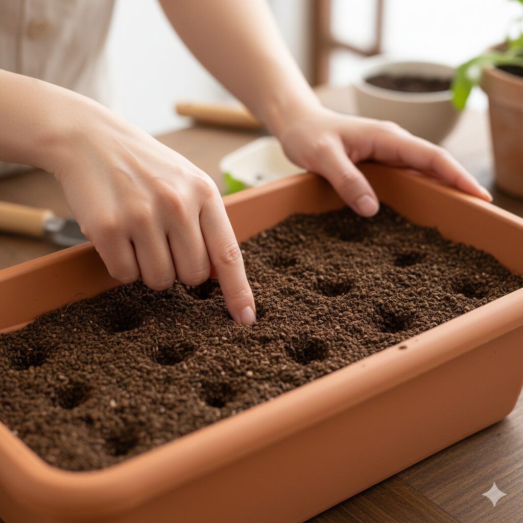 コスモス 育て方 プランター　プランターの土に指で種まき用のくぼみを作っている様子