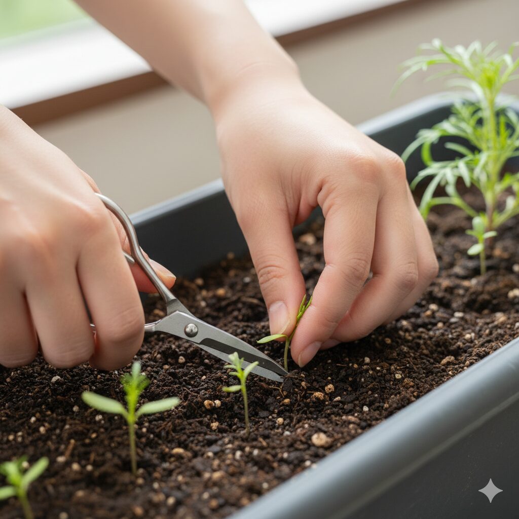 コスモス 育て方 プランター　コスモスの芽をハサミを使って地際で間引きする正しい方法