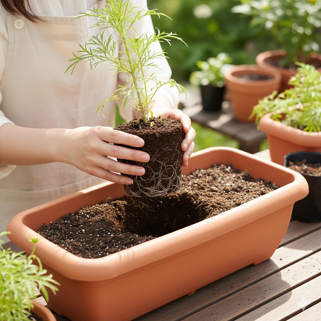 コスモス 育て方 プランター　根鉢を崩さずにポットから取り出したコスモスの苗と白い根の様子