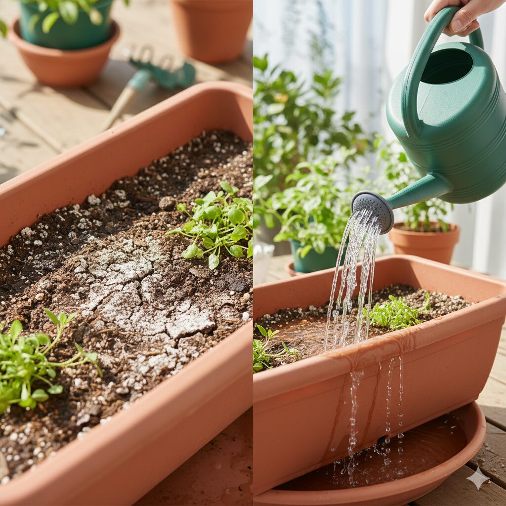コスモス 育て方 プランター　土が乾いてから鉢底から出るまでたっぷりと水やりをする様子