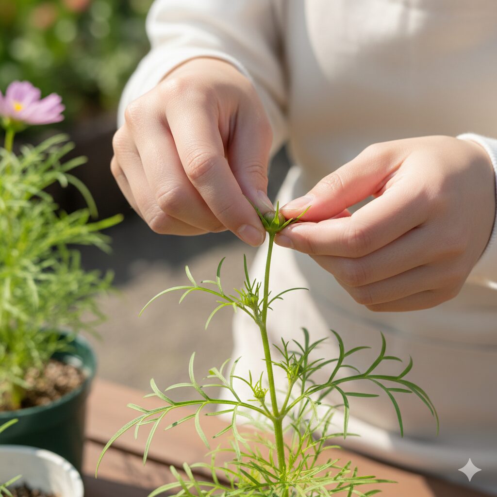 コスモス 育て方 プランター　コスモスの茎の先端を指で摘み取る摘心（ピンチ）の作業位置