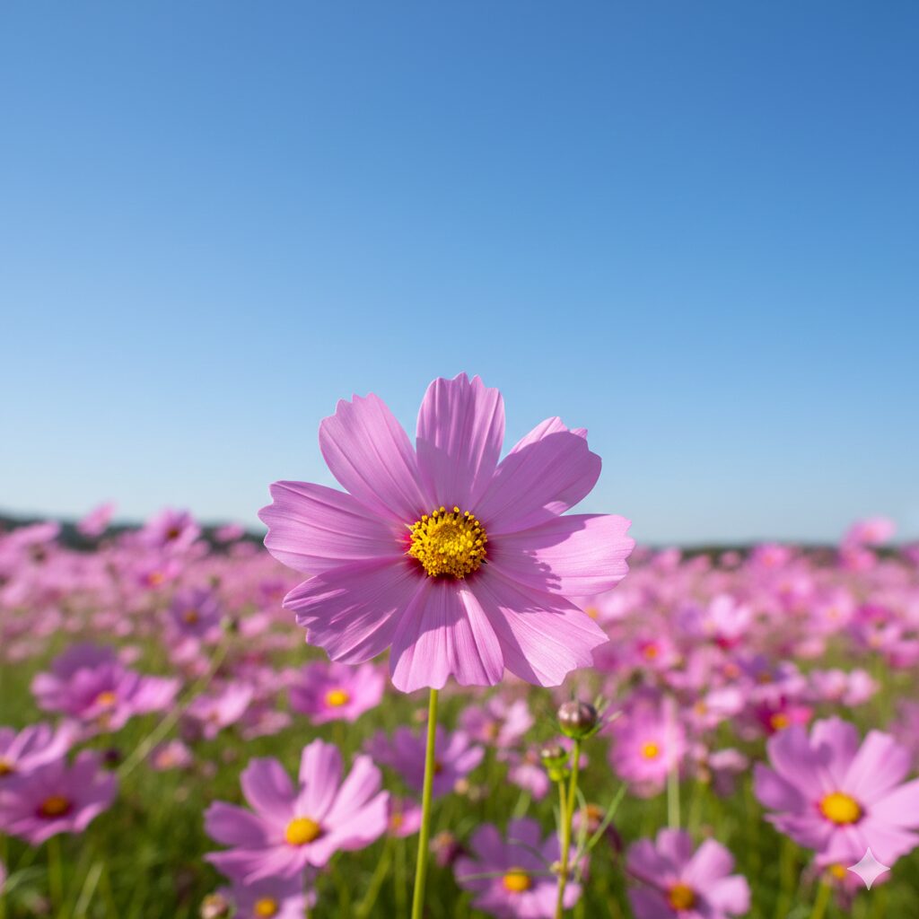 コスモス 花びら 枚数　秋晴れの青空の下で満開に咲くピンク色のコスモス畑。手前の花は花びらが8枚あることがはっきりと分かる。