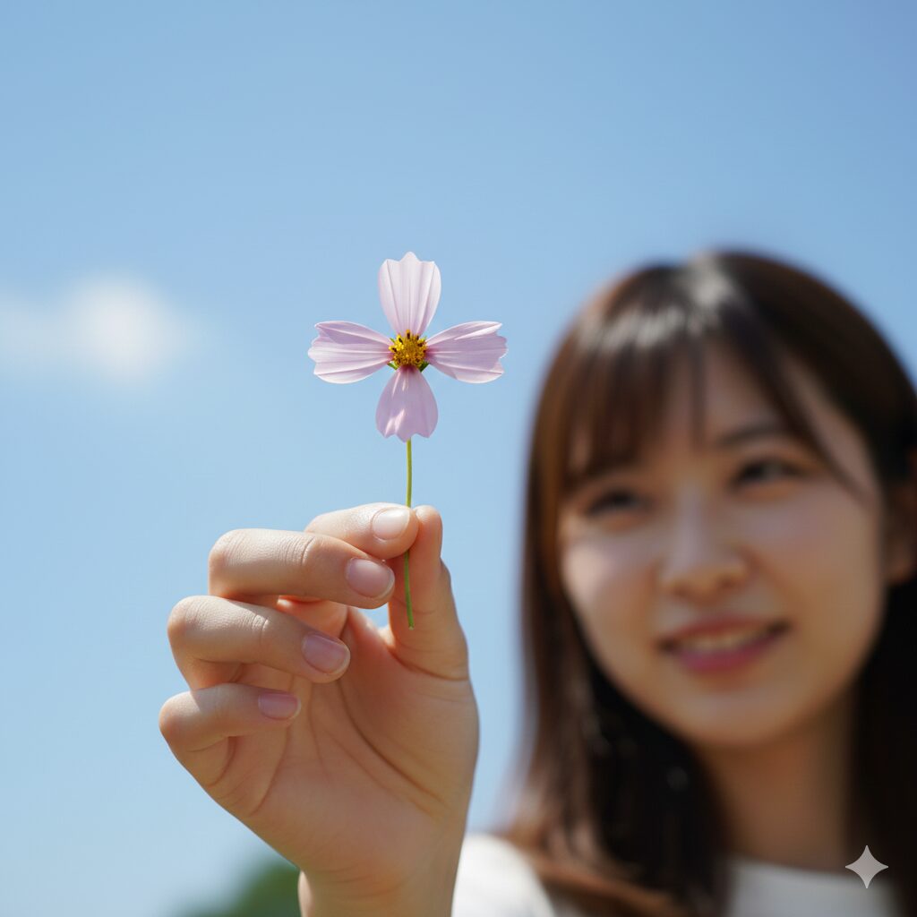 コスモス 花びら 枚数　ヘリコプター遊びのために花びらを4枚残して十字型にしたコスモスを、空にかざしている子供の手元。