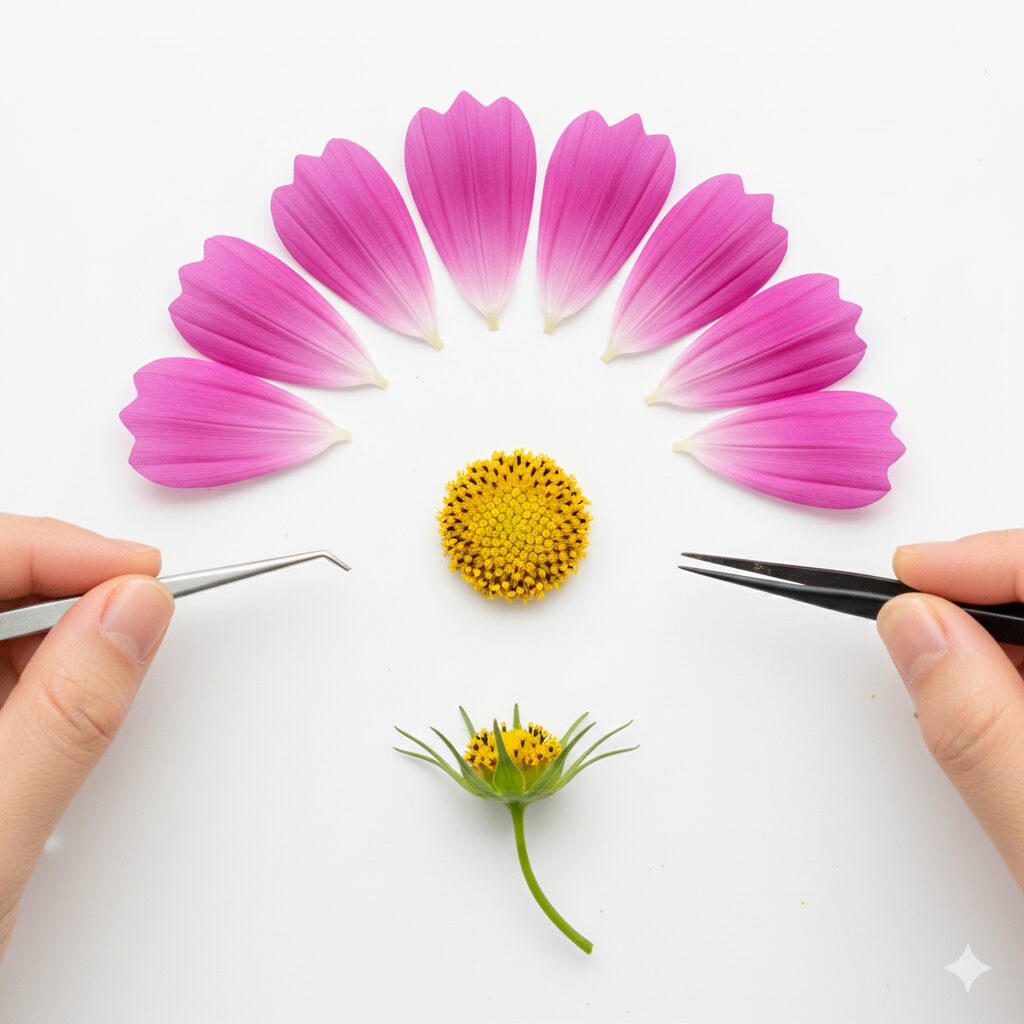 コスモス 花びら 枚数　コスモスの頭状花序の分解写真。外側のピンク色の舌状花と中心の黄色い筒状花の構造が分かる植物学的観察。