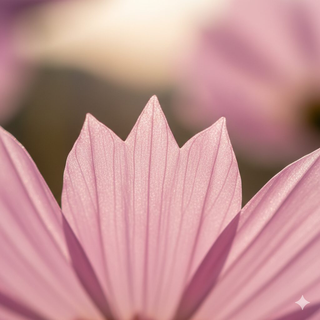 コスモス 花びら 枚数　コスモスの花びらの先端を拡大撮影したマクロ写真。特徴的な3つの切れ込み（鋸歯）がはっきりと見える。