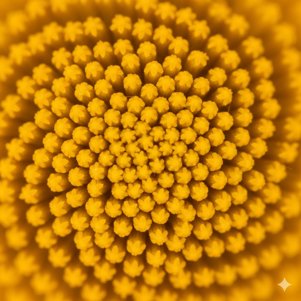 コスモス 花びら 枚数　コスモスの中心にある筒状花の配列を拡大したもの。フィボナッチ数列に基づく幾何学的な螺旋構造が見て取れる。