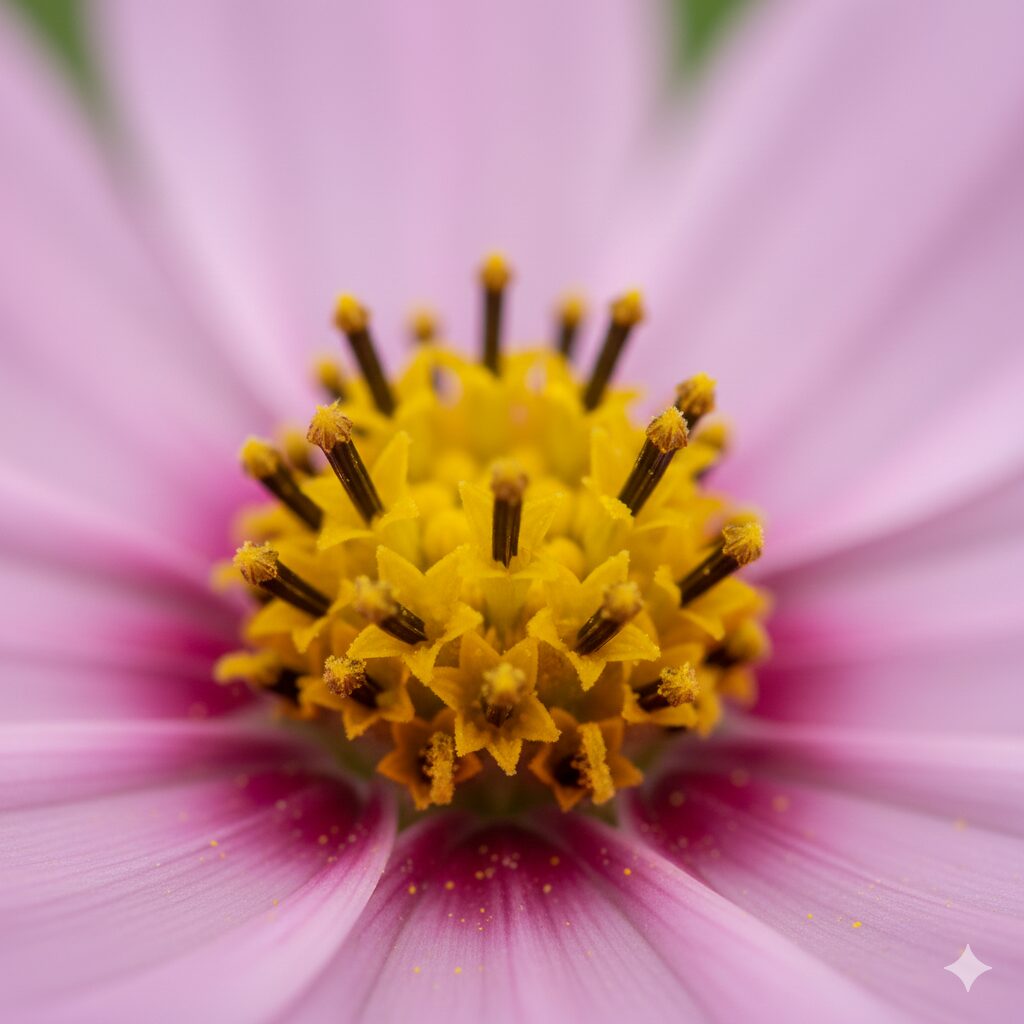 コスモス 花びら 枚数　コスモスの中心部にある筒状花（管状花）の超マクロ撮影。黄色い小さな花が星型に開花し、雄しべが見えている様子。