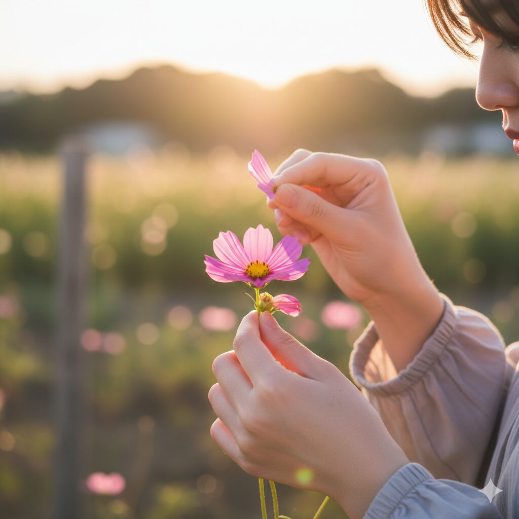 コスモス 花びら 枚数　夕暮れ時にコスモスの花びらを一枚ずつちぎって花占いをしている手元の様子。