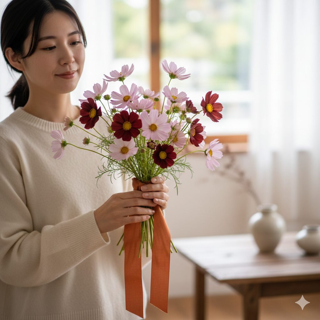 コスモス 花言葉 本数 チョコレートコスモスをアクセントに加え、「恋の終わり」の意味をポジティブに変換したおしゃれなミックスブーケ