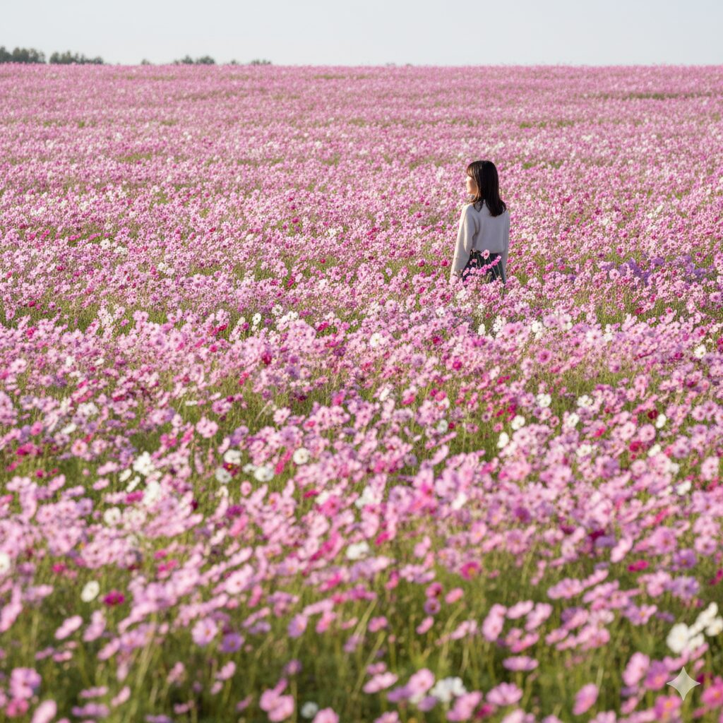 コスモス 花言葉 本数 一面に咲き誇るコスモス畑の風景。「個」よりも「群」としての調和と美しさを象徴する様子