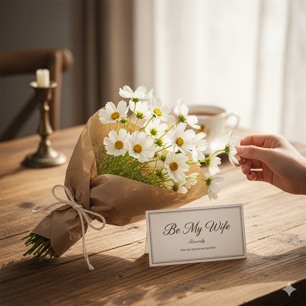 コスモス 花言葉 本数 バラの花言葉「ダズンローズ(12本の誓い)」の意味を込めた12本の白いコスモスの花束とメッセージカード