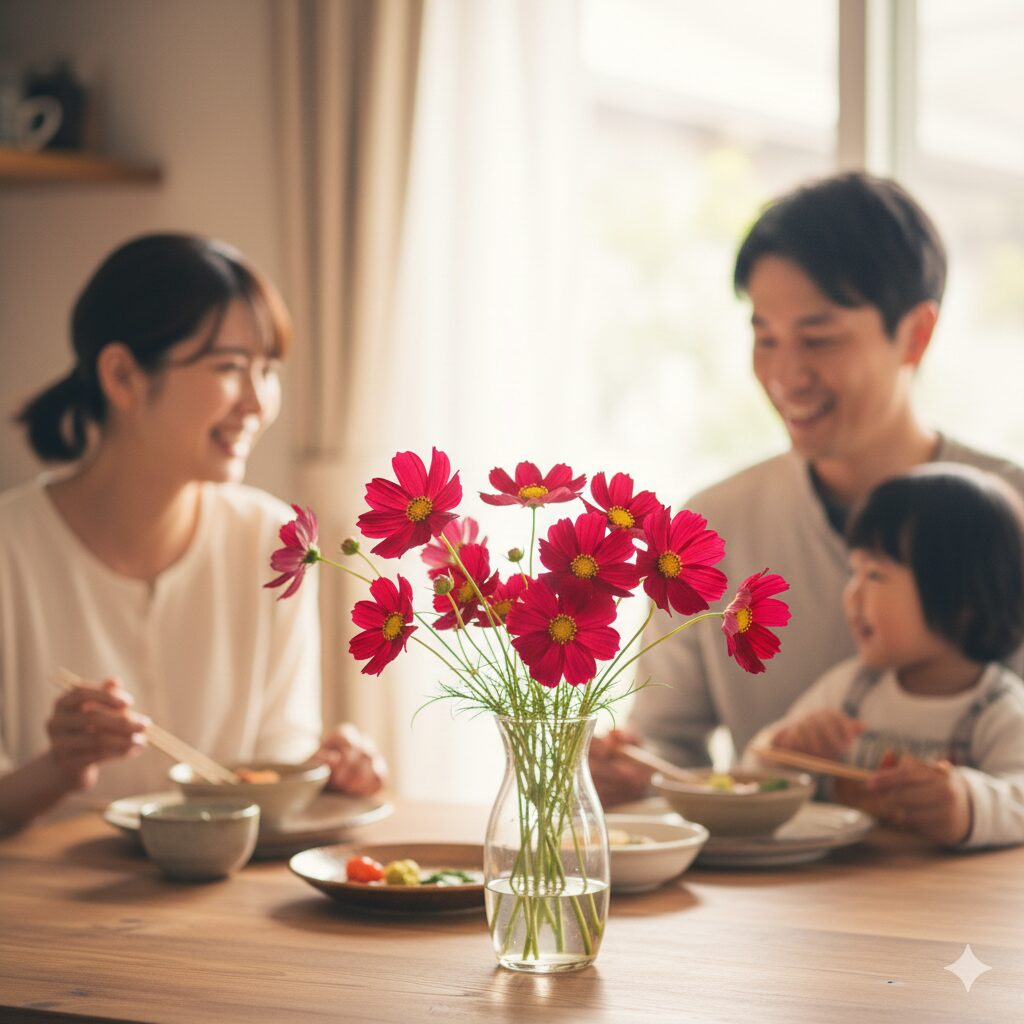 コスモス 花言葉 本数 「調和」と「愛情」を意味する赤いコスモスを飾った、温かみのある食卓の風景