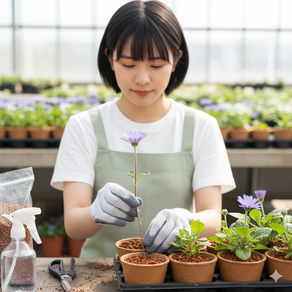 サイネリアの増やし方。「挿し芽」のために挿し穂を清潔な土に挿している様子