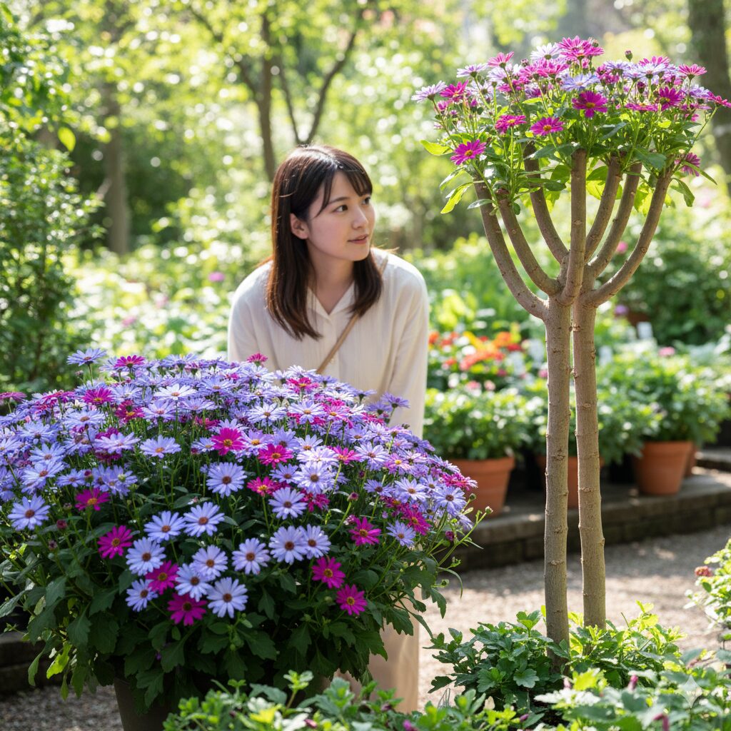 「毎年咲く」を目指せるサイネリアの品種、「セネッティ」と「桂華」の草姿の比較