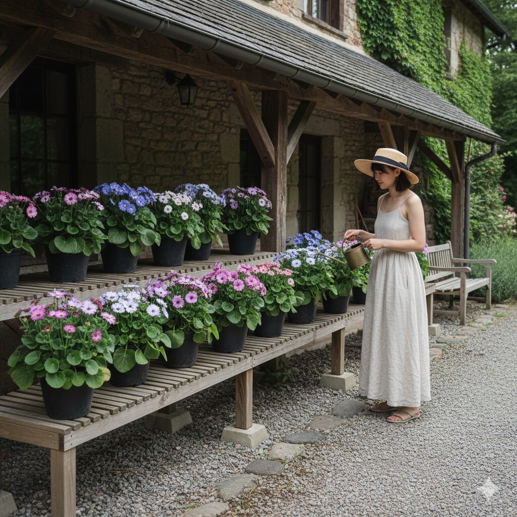 サイネリアの夏越しのコツである、直射日光と雨を避けた「北側の軒下」の置き場所
