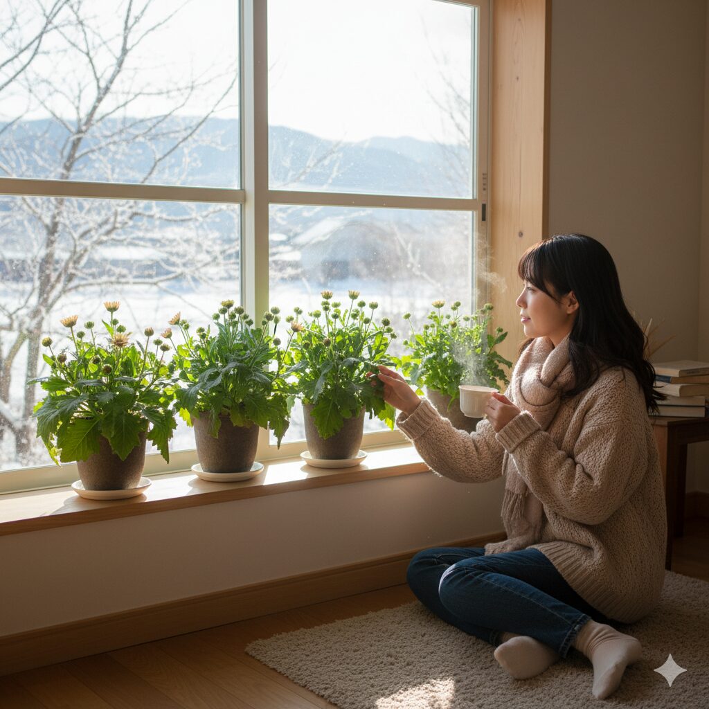 暖房の効いていない、日当たりの良い窓辺（室内）に置かれたサイネリア。窓ガラス越しに冬の寒さを感じつつ、日光を浴びて花芽分化を待つ様子。