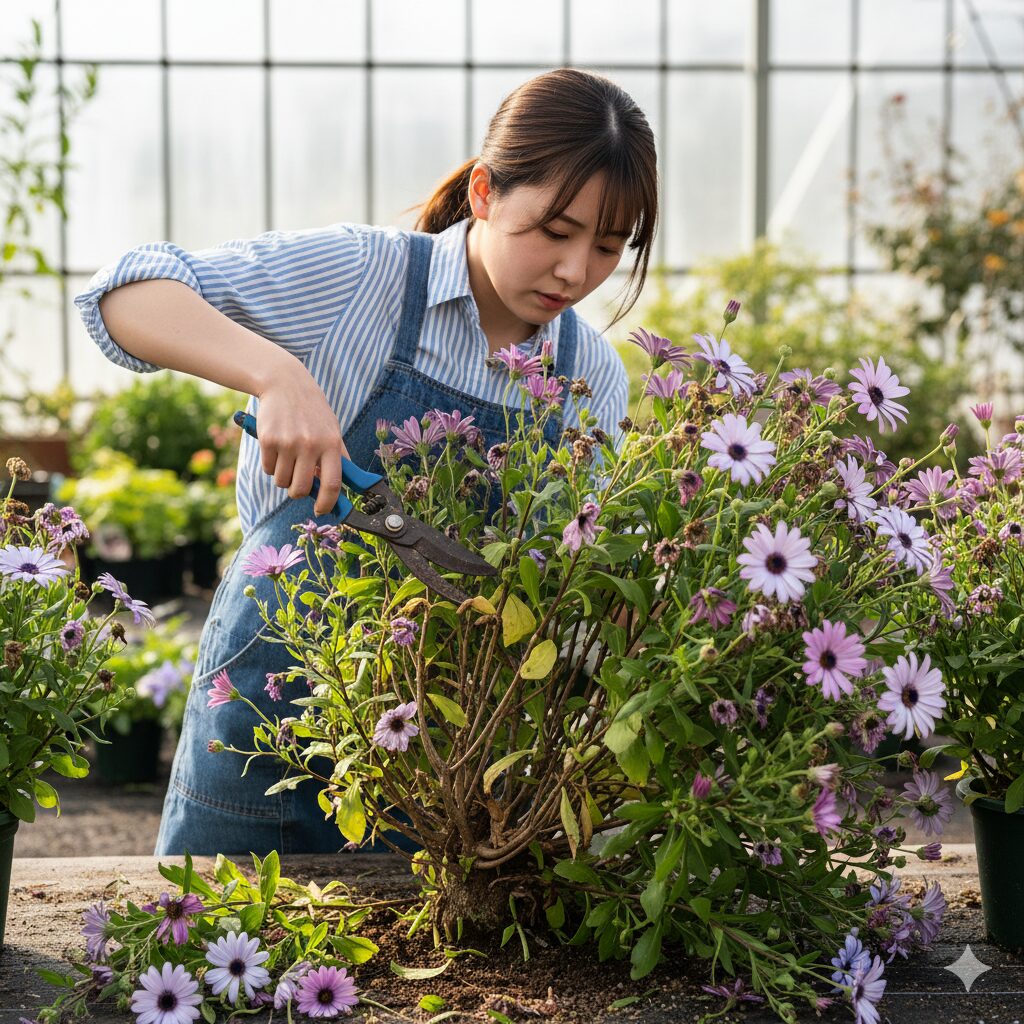 サイネリア・セネッティの「二度咲き」のため、一番花のピーク後に切り戻し剪定する技術